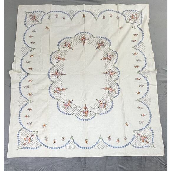 Vtg Hand Embroidered Tablecloth 58 x 66.5” Ivory Cloth With Floral Embroidery FS - Picture 8 of 10